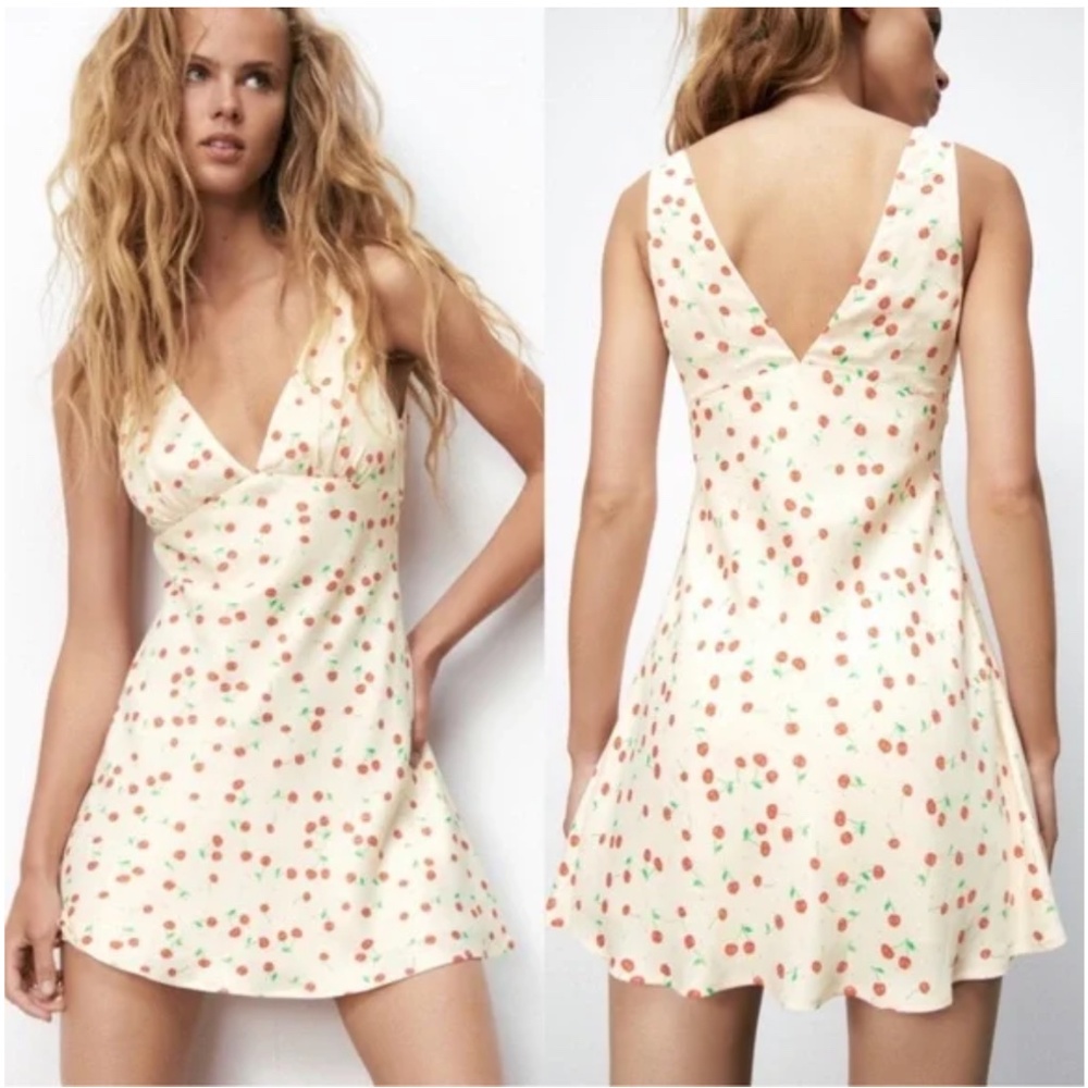 Zara White and Red Cherry Pint Satin Sleeveless Mini Dress